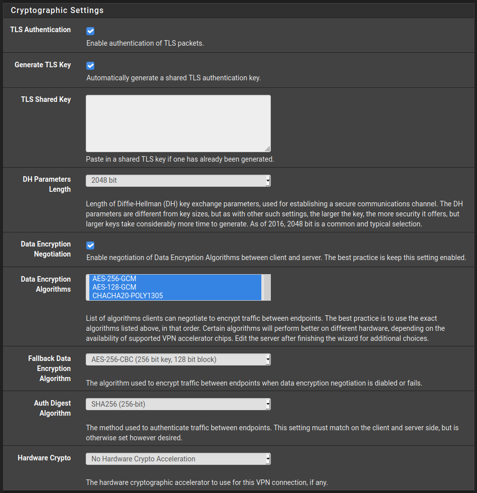 pfSense OpenVPN Wizard Step 4 - Cryptographic